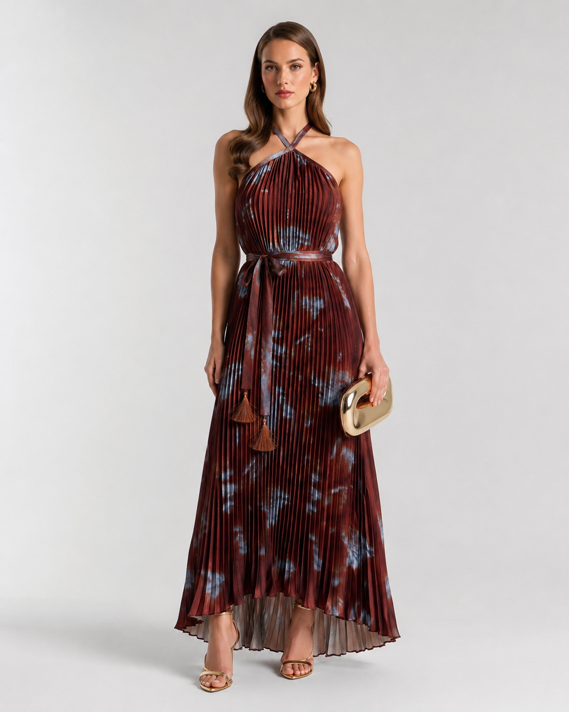 Vestido Plisado Estampado con Cinturón