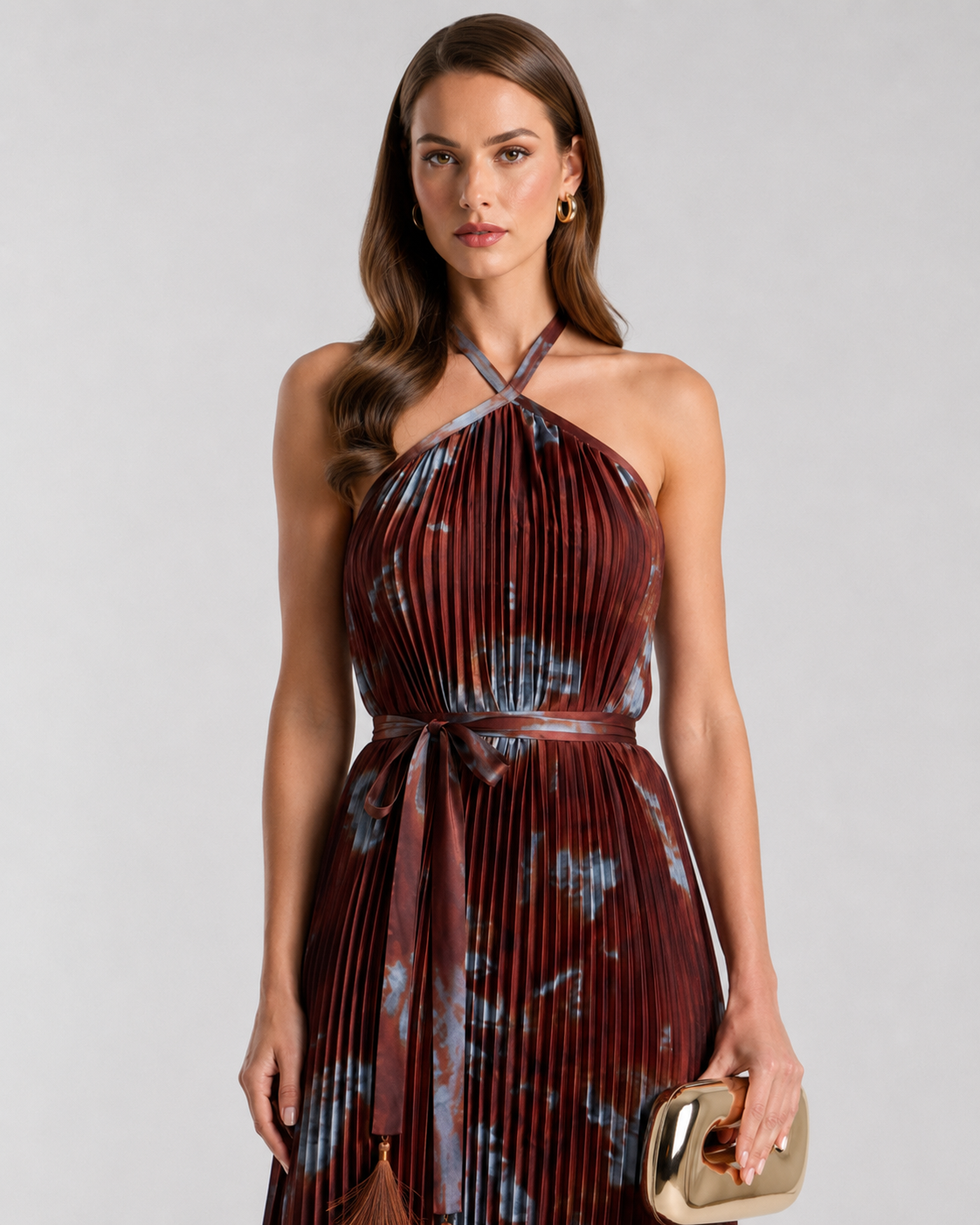 Vestido Plisado Estampado con Cinturón